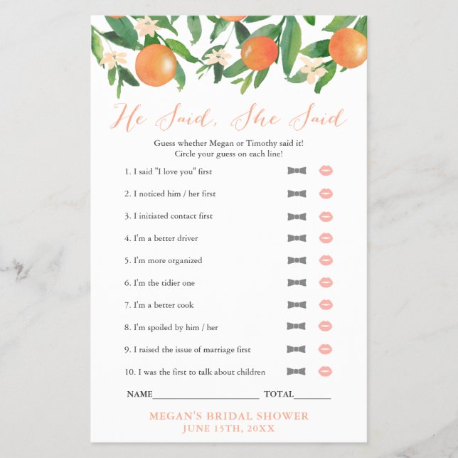 Flyer Citrus Naranja Parejas Ducha Dijo Que Dijo Juego (Frente)