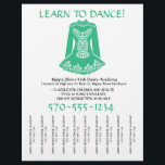 Flyer Clase de clases de baile irlandés destilando tiras<br><div class="desc">Promociona tus clases de baile irlandés o clases de baile con este llamativo volante. Cuenta con un ilustracion de un vestido de bailarina irlandesa de color verde kelly. Este folleto está listo para ser personalizado con su nombre de negocio, número de teléfono y otros detalles. Está diseñado con tiras de...</div>