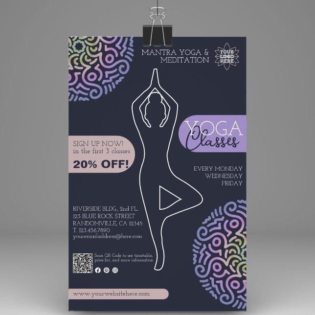 Flyer Clases de Yoga Elegante de la Marina Azul Mandala (The best way to promote your yoga studio's classes is with our custom flyers.)