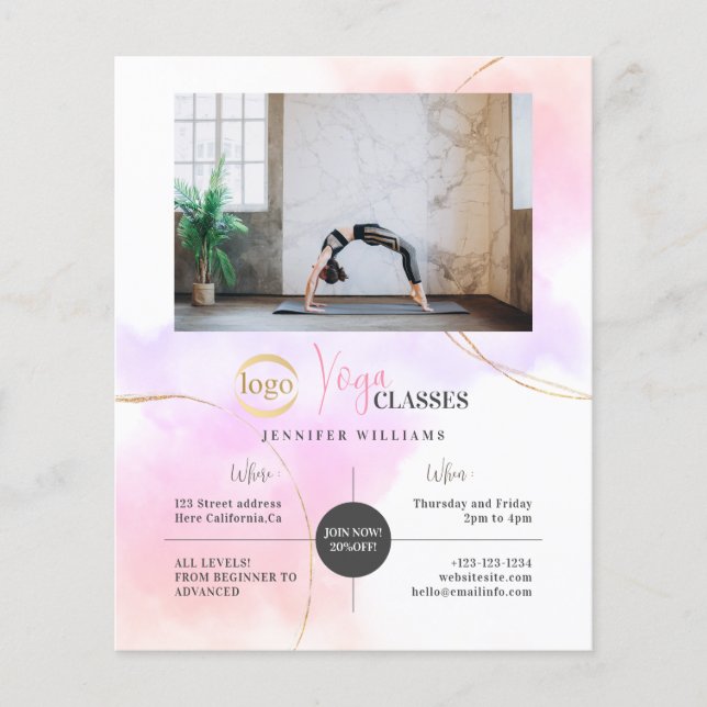 Flyer Clases de Yoga Logo Foto Watercolor Rosa Dorado Ch (Frente)
