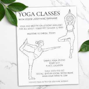 Flyer Clases de Yoga Simple Arte de Línea Negra Minimali