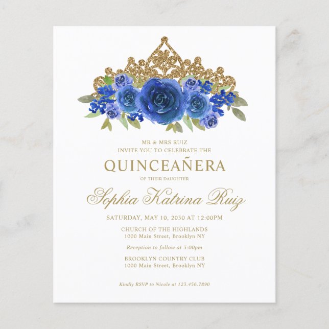Flyer Clásico de presupuesto Floral Real Azul Tiara Quin (Frente)