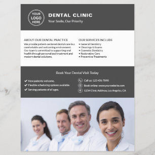 Flyer Clínica Dental Logotipo Personalizado Foto QR Gris