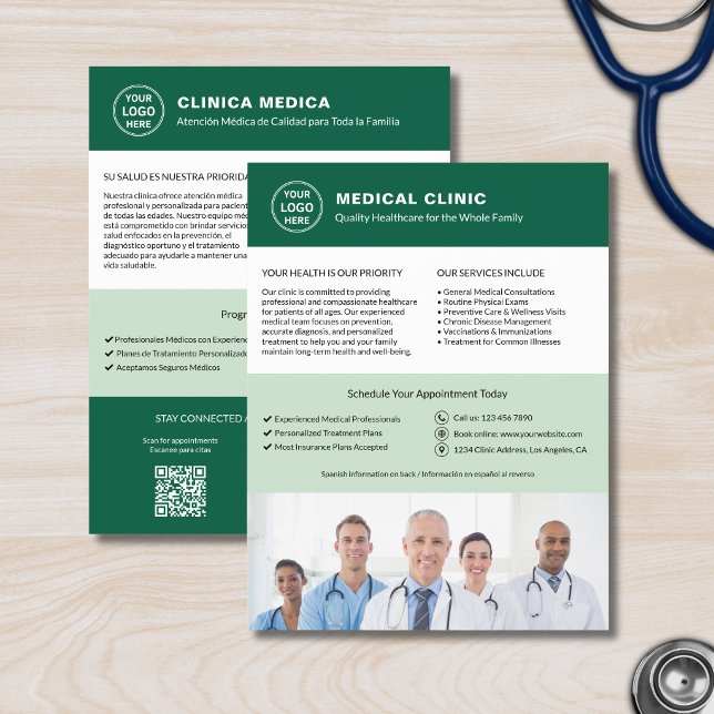 Flyer Clínica Médica Bilingüe | Verde Español Inglés (Bilingual Medical Clinic  English Spanish Green Flyer)