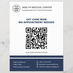 Flyer Clínica Médica QR Atención Urgente Sin Cita Azul B