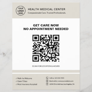 Flyer Clínica Médica QR Atención Urgente Sin Cita Beige