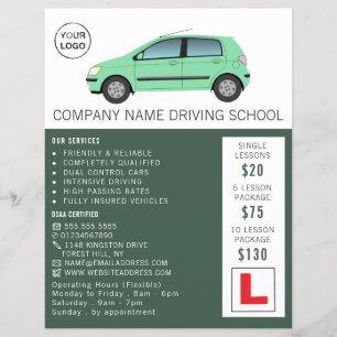 Flyer Coche verde moderno, escuela de conducción, instru