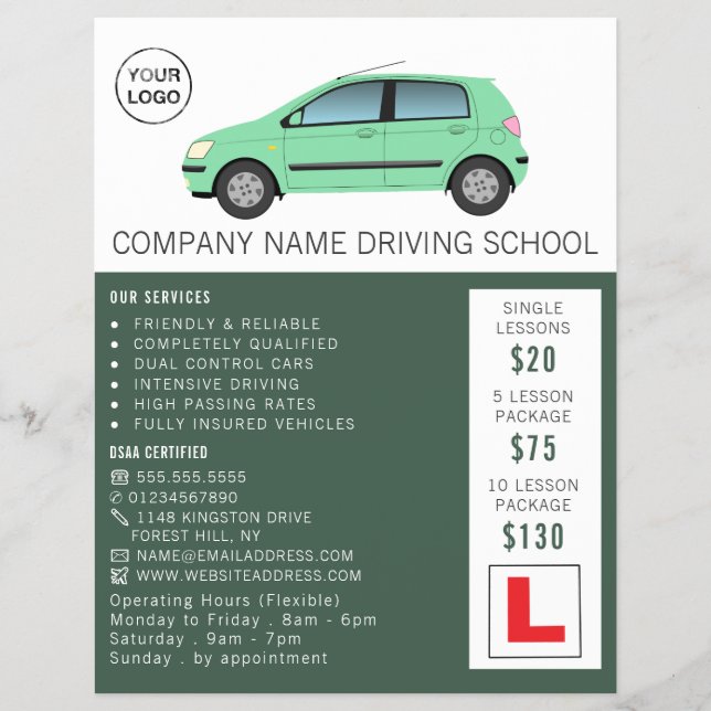 Flyer Coche verde moderno, escuela de conducción, instru (Frente)