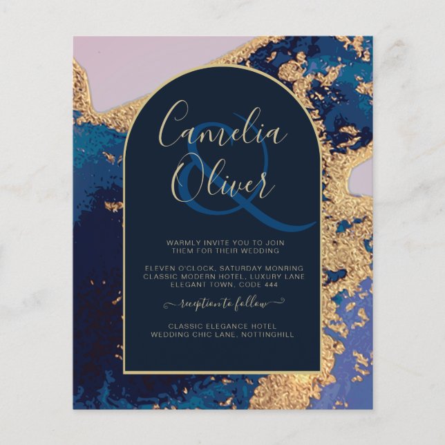 Flyer Código QR de invitación de boda de oro azul de Aga (Frente)