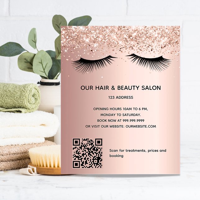 Flyer Código QR de maquillaje brillo dorado rosa salón d (Subido por el creador)