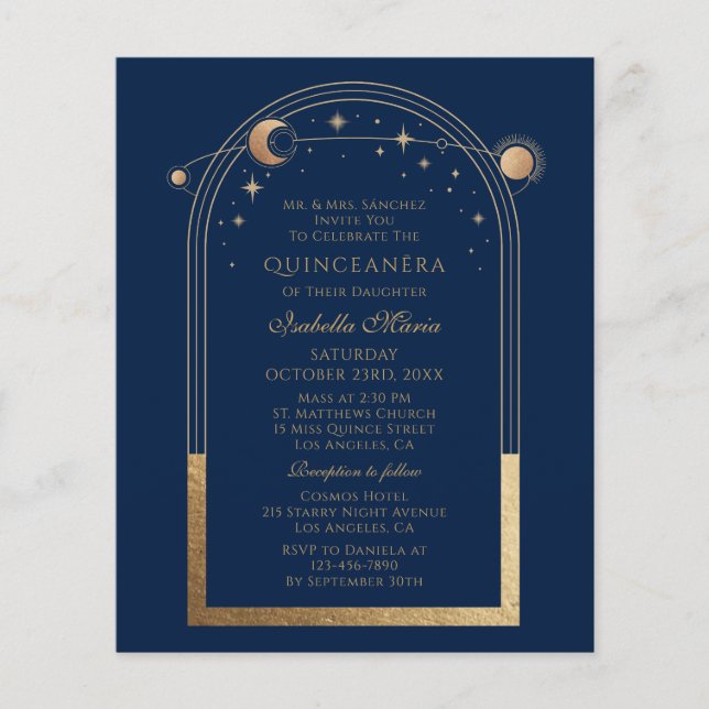 Flyer Código QR de oro azul celestial Quinceañera (Frente)