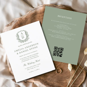 Flyer Código QR del Boda del monograma del Escudo verde