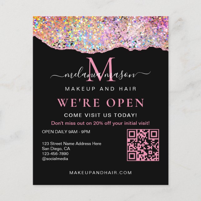 Flyer Código QR holográfico Agate Glitter Estamos abiert (Frente)