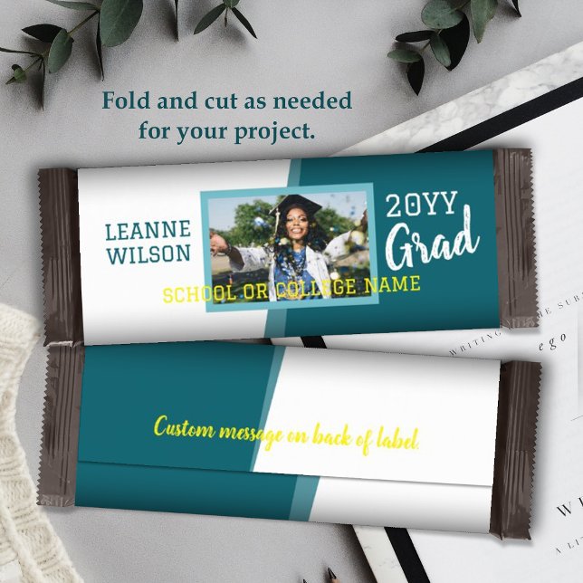 Flyer Colgador de barra verde verde azulado y amarilla d (teal green school colors graduation personalized candy bar wrapper, diy chocolate bar label for grad)