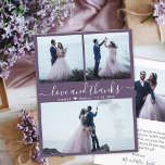 Flyer Collage de fotos barato Mauve Boda Gracias Volador<br><div class="desc">Barato Moderno Elegante "Amor y gracias" Boda de escritura escrita mano (3) Tres Collages de fotos Gracias folleto personalizado asequible de bajo presupuesto. Elegante plantilla de agradecimiento boda con tres fotos en la parte delantera y una en la parte posterior. ***POR FAVOR, TEN EN CUENTA QUE! *** ¡DESPLIEGUE PARA MÁS...</div>