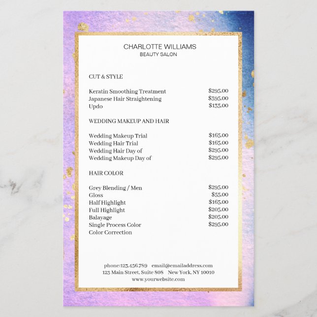 Flyer Color de agua moderno Blau Oro rosa (Frente)