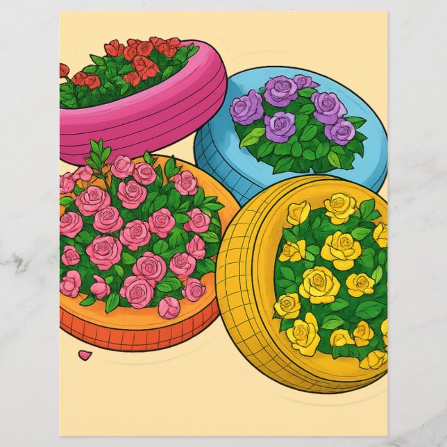 Flyer Colorful Tire Planters – Bright Floral Garden (Frente)