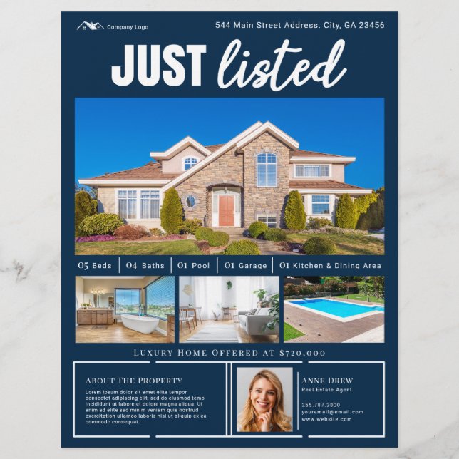 Flyer Comercial de bienes inmuebles limpios de color azu (Frente)