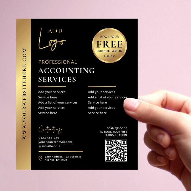 Flyer Comercialización de códigos QR para empresas de ne (Modern business flyer in black and gold with QR code and your logo)