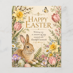 Flyer Conejo de Pascua vintage saludo flores de jardín
