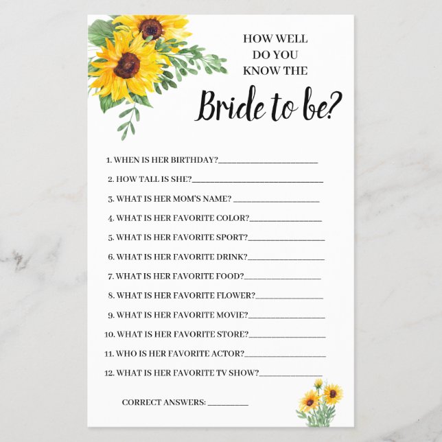 Flyer ¿Conoces la tarjeta de juego Bride Sunflowers Show (Frente)