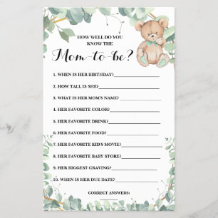 Flyer ¿Conoces la tarjeta de juego Mom Shower Bear Green