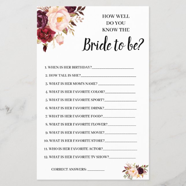 Flyer ¿Conoces la tarjeta de juegos Bride Marsala Shower (Frente)