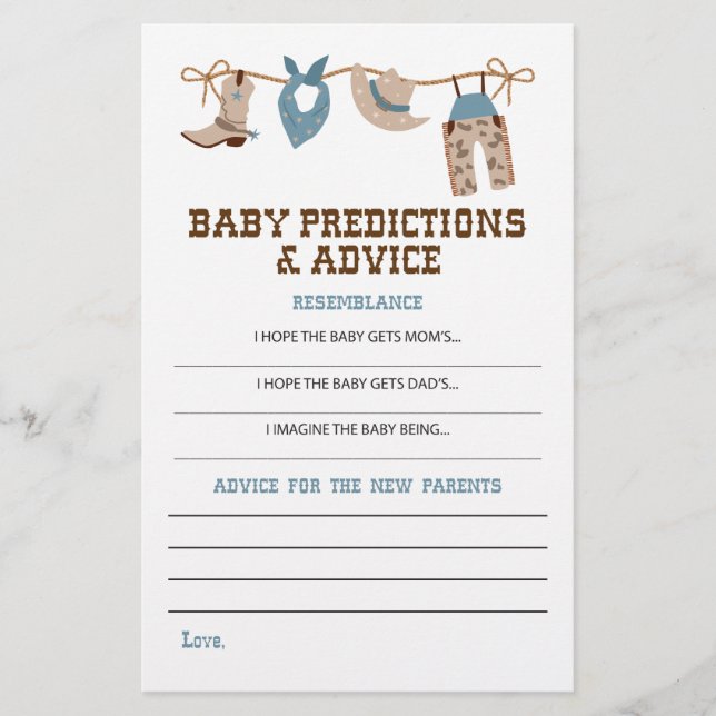 Flyer Consejos y predicciones de Baby Shower para Cowboy (Frente)