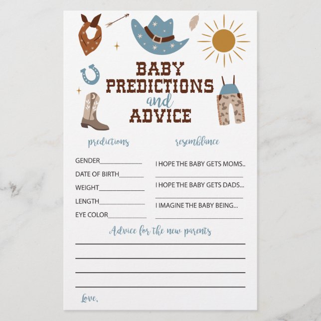 Flyer Consejos y predicciones de Baby Shower para Cowboy (Frente)