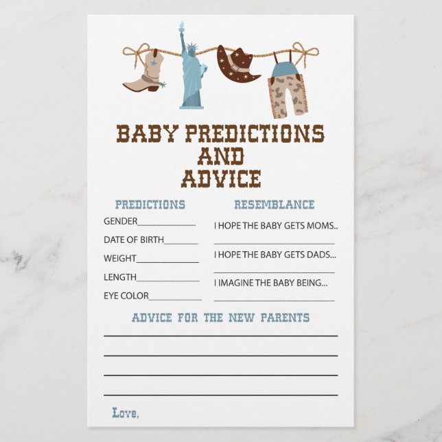 Flyer Consejos y predicciones para baby shower de vaquer (Frente)