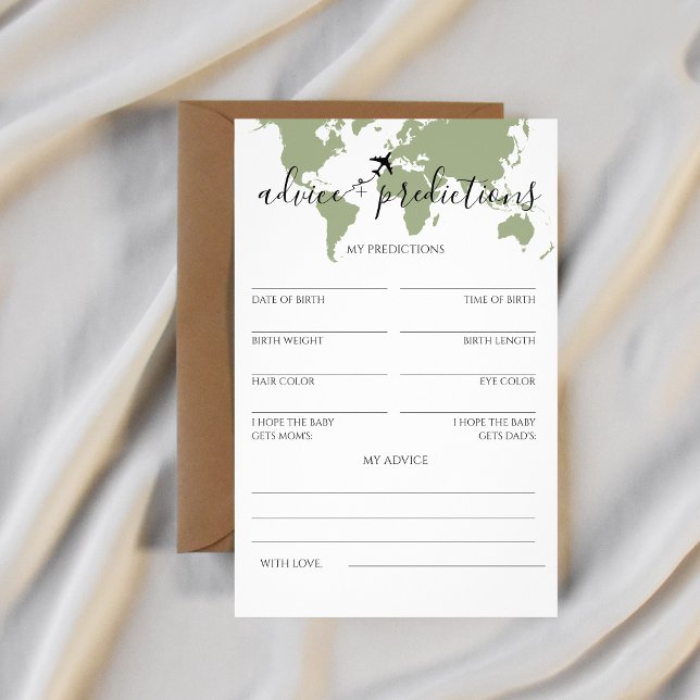 Flyer Consejos y predicciones Viajes Baby Shower temátic (advice + predictions cards baby shower world map)