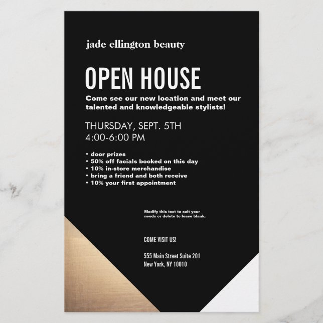 Flyer Cool Modern Black and Gold Hair Salon Open House (Frente)