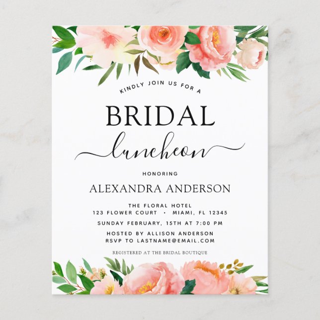 Flyer Coral Peach Floral Bridal Shower Luncheon (Frente)