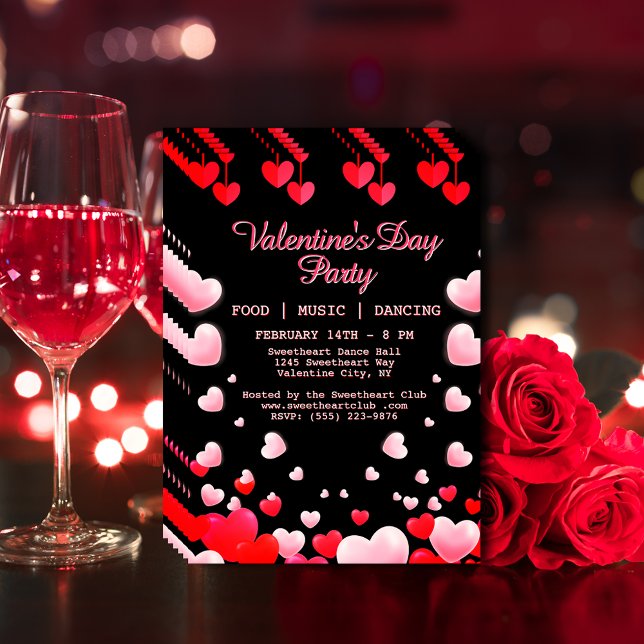 Flyer Corazones Rosados Rojo Fiesta de San Valentín Comi (Red Pink Hearts Valentine's Party Food Music Dance Flyer)