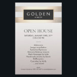 Flyer Cosmetólogo Rayas de Oro Salón de Peluquería y Spa<br><div class="desc">Elegante y chic con un toque contemporáneo. Hermoso patrón de rayas doradas falsas sobre fondo blanco. Nota: esta es una imagen digital del efecto de lámina de oro y fondo texturizado de tela de lino negro. - no es el artículo real.</div>