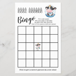 Flyer Cow Baby Shower Beautiful Dream Bingo Game Card