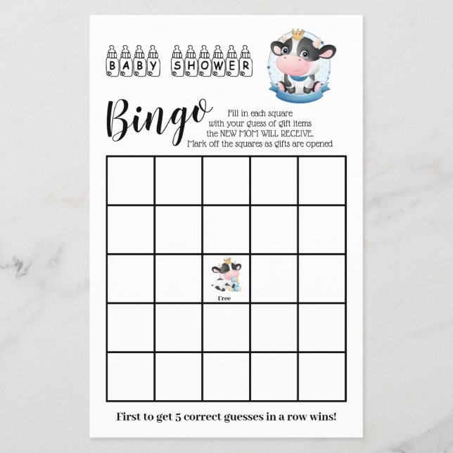 Flyer Cow Baby Shower Beautiful Dream Bingo Game Card (Frente)