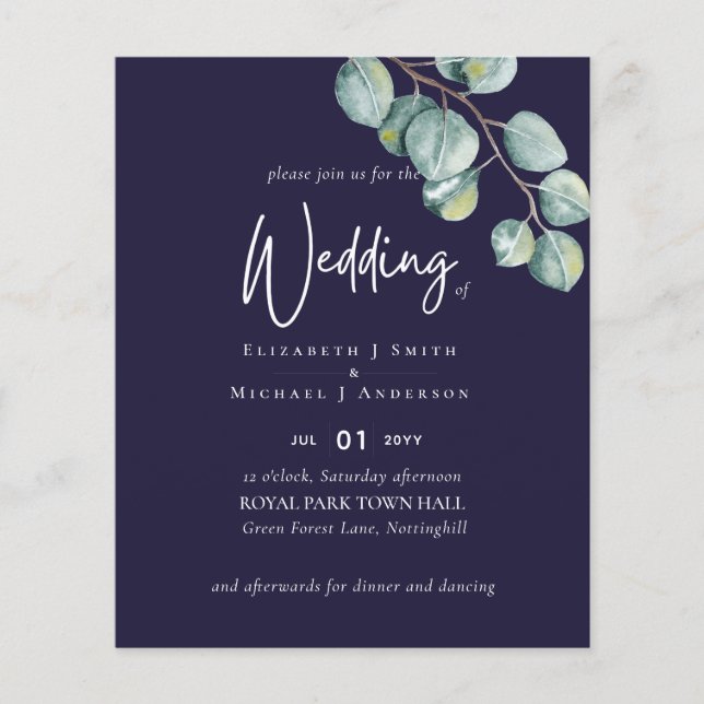Flyer Crear su propio Boda de Eucaliptus blanco NAVY (Frente)