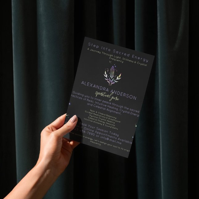 Flyer Cristales espirituales holográficos místicos negro (Black Mystical Holographic Spiritual Crystals Flyer)