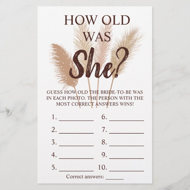 Flyer ¿Cuántos años tenía? Pampas Grass Shower Game Card (Frente)