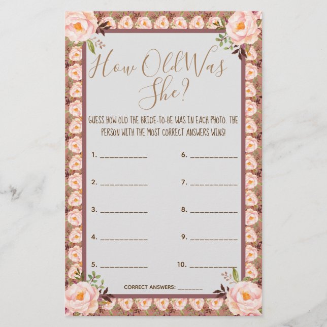 Flyer ¿Cuántos años tenía? Tarjeta de juego de marco flo (Frente)