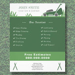 Flyer Cuidado del jardín y volador de jardineros<br><div class="desc">Un Volante de colores verdes con un ilustracion con césped y una cortadora de césped. Puede ser adecuado para el cuidado del césped y jardinero profesional o para personas que trabajan en el campo paisajístico: paisajista,  siembra y mantenimiento del césped,  mantenimiento de espacios verdes,  etc.</div>