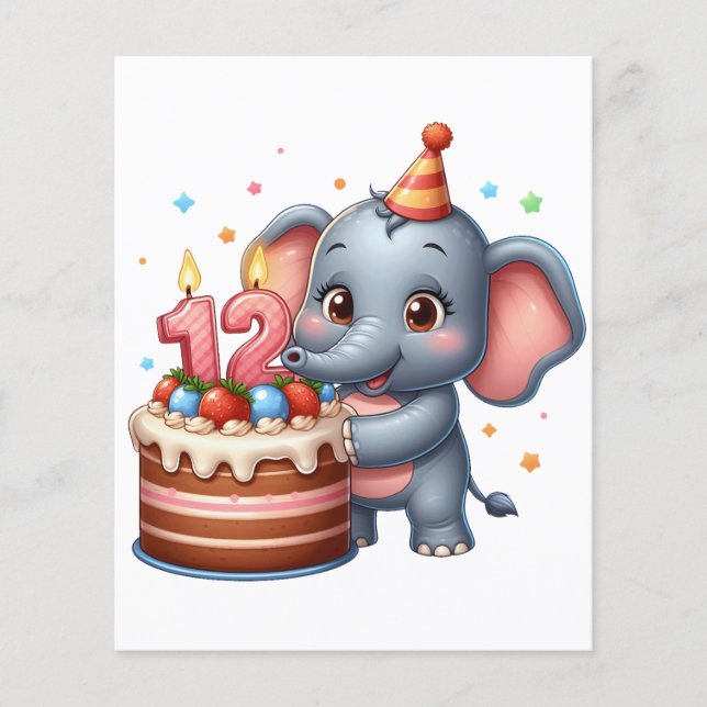 Flyer Cumpleaños 12 de elefante lindo (Frente)