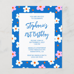 Flyer Cumpleaños 21 Cute Retro Azul Floral Negrita