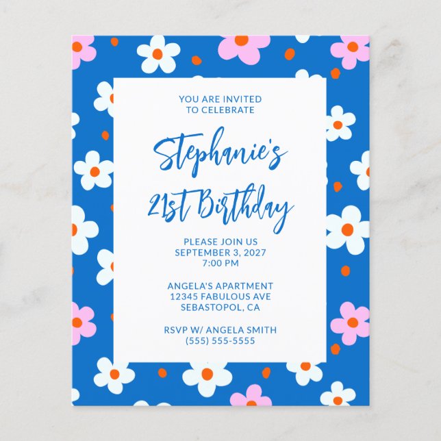 Flyer Cumpleaños 21 Cute Retro Azul Floral Negrita (Frente)