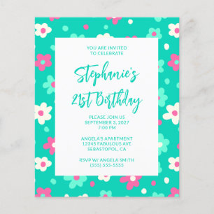 Flyer Cumpleaños 21 Cute Retro Verde Azul Floral Negrita