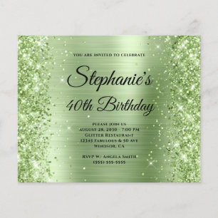 Flyer Cumpleaños 40 Glam Glittery Mint Monograma Elegant