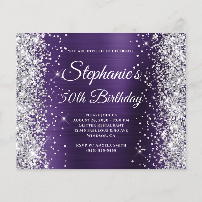 Flyer Cumpleaños 50 Aniversario Glitter Plateado Violeta (Frente)