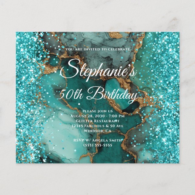 Flyer Cumpleaños 50 Brillante Dorado Mármol Turquesa (Frente)