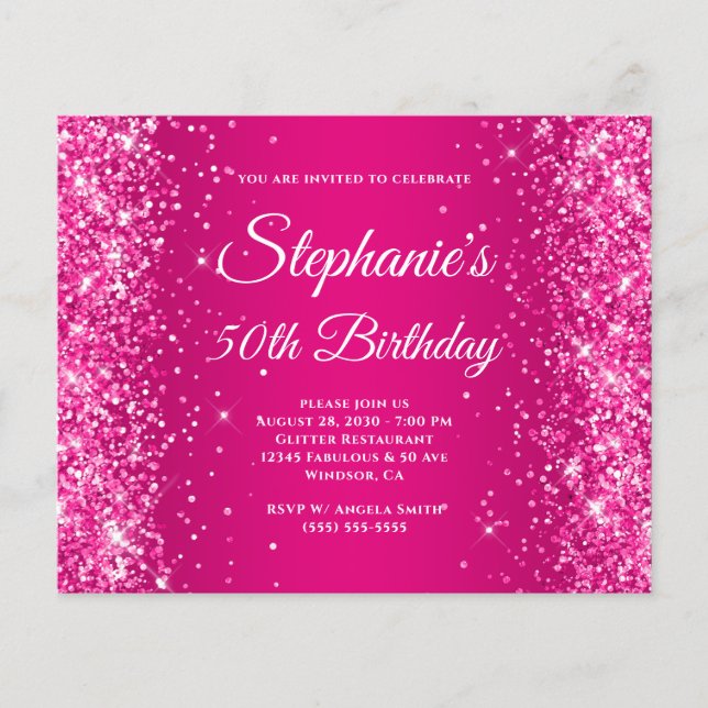 Flyer Cumpleaños 50 Glittery Frambuesa Rosa Brillante Om (Frente)